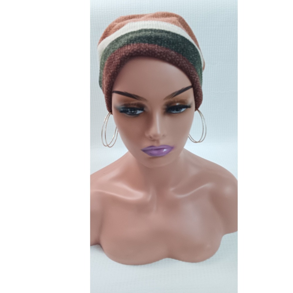 Handmade Striped Cuffed Beanie Multi-Color Earth Tone Knit Slouchy Winter Hat - Picture 3 of 7